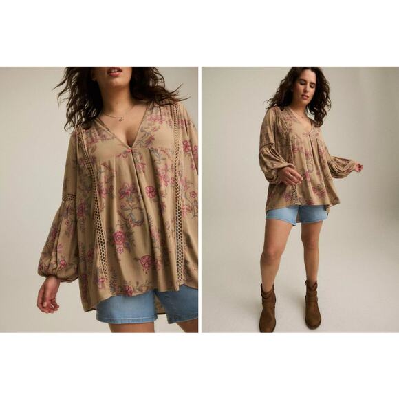 Festi Torrid Womens Plus Size Gauze Long Sleeve Tunic Taupe Floral Size 4 4X New - Picture 1 of 6